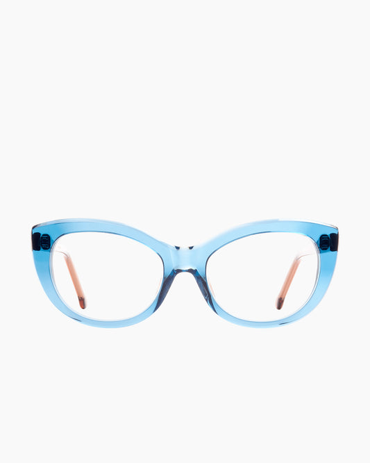 blue plastic cat eyeglasses by Marie-Sophie Dion model Abid, front view, lunettes de vue chat couleur Bleu