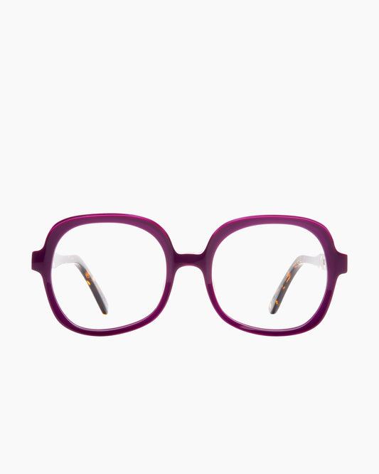 purple plastic oval eyeglasses by Xavier Derome model CLIFF, front view, lunettes de vue ovale couleur violet