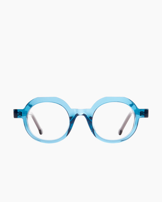 blue plastic round eyeglasses by Marie-Sophie Dion model Rambou, front view, lunettes de vue rond couleur bleu
