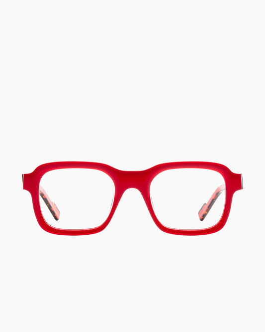 red plastic rectangle eyeglasses by Xavier Derome model AUBISQUE, front view, lunettes de vue rectangle couleur rouge