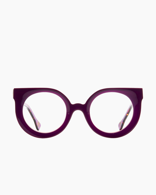 purple plastic round eyeglasses by Xavier Derome model PROVIDENCE, front view, lunettes de vue rond couleur violet