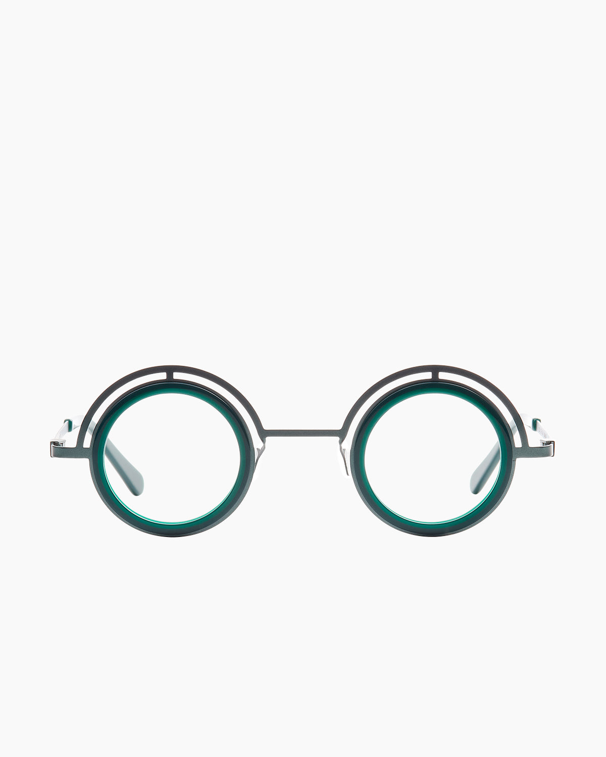 green metal round eyeglasses by Gamine model Daikanyama, front view, lunettes de vue rond couleur vert