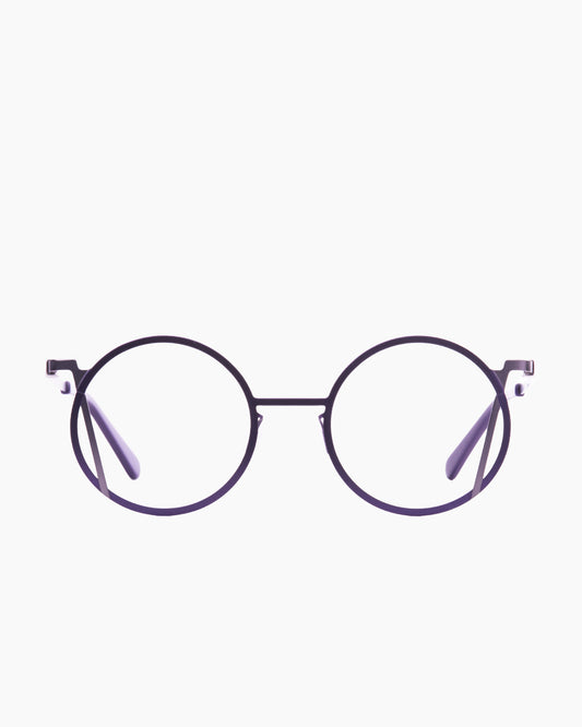 purple metal round eyeglasses by Gamine model LaRoma, front view, lunettes de vue rond couleur violet