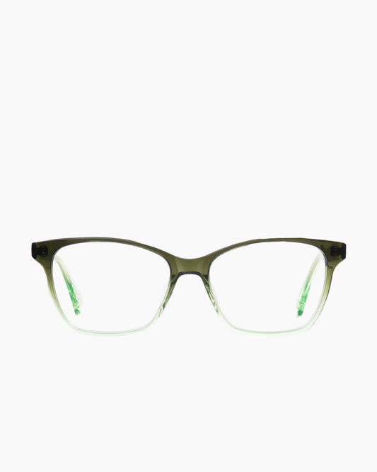 green plastic butterfly eyeglasses by Evolve model Freya, front view, lunettes de vue papillon couleur vert