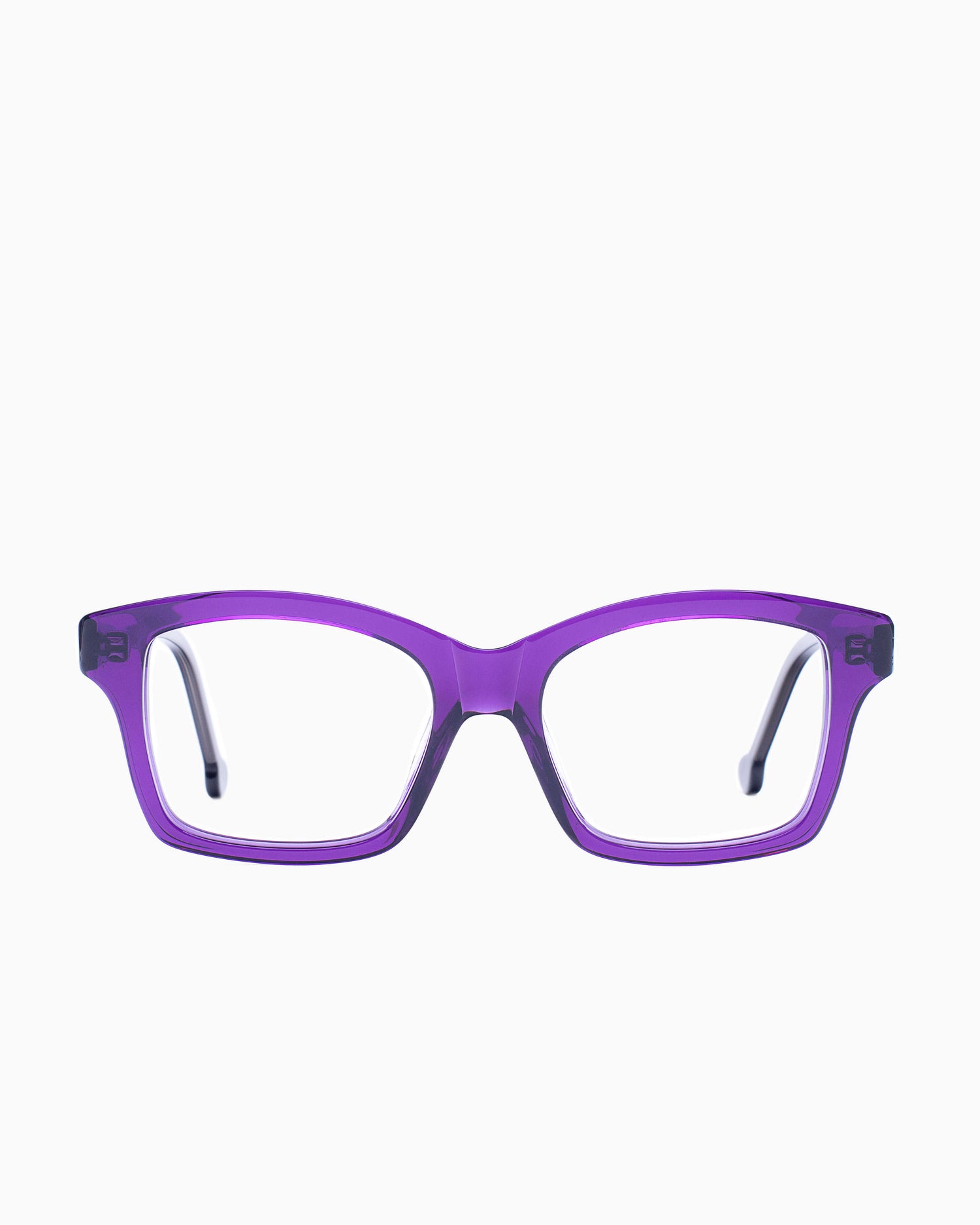 purple plastic butterfly eyeglasses by Marie-Sophie Dion model Giguere, front view, lunettes de vue papillon couleur violet