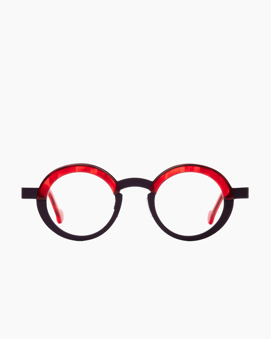 Purple metal round eyeglasses by Theo model balloon, front view, lunettes de vue rond couleur violet