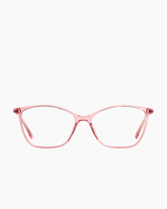 pink plastic butterfly eyeglasses by Evolve model EL1, front view, lunettes de vue papillon couleur rose