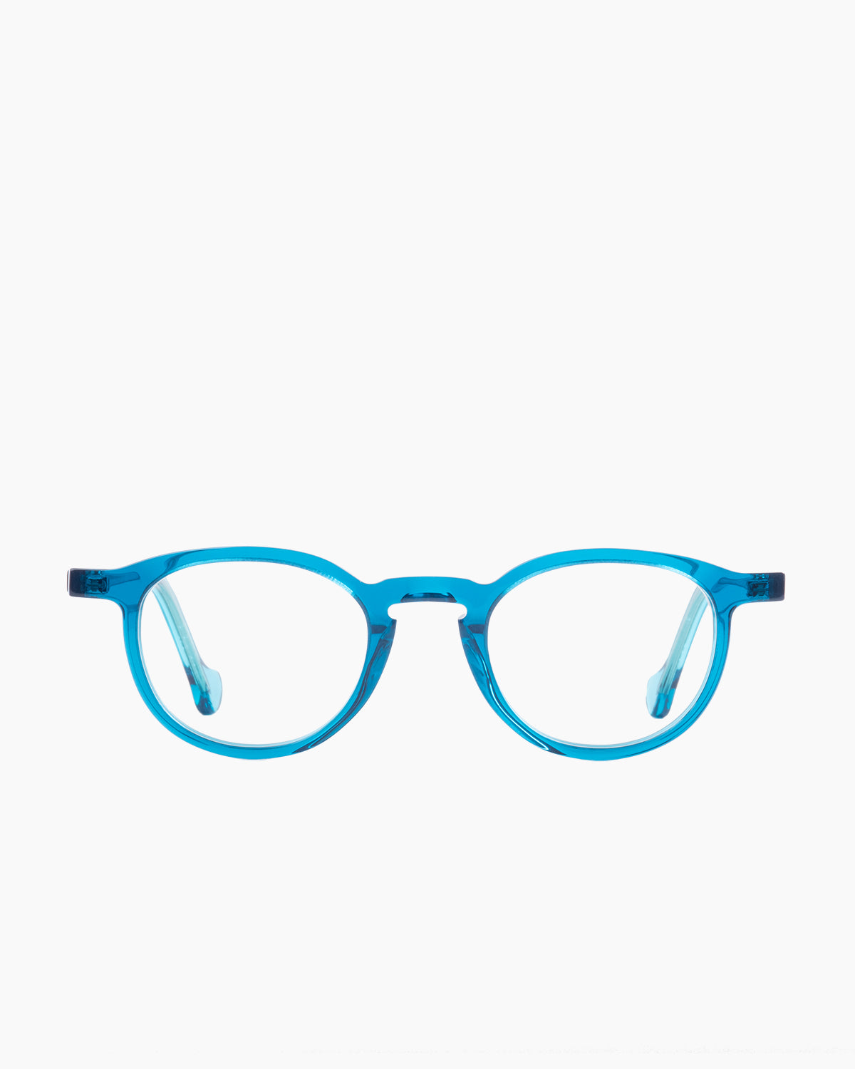 blue plastic oval eyeglasses by Anne et Valentin model Annette, front view, lunettes de vue ovale couleur Bleu