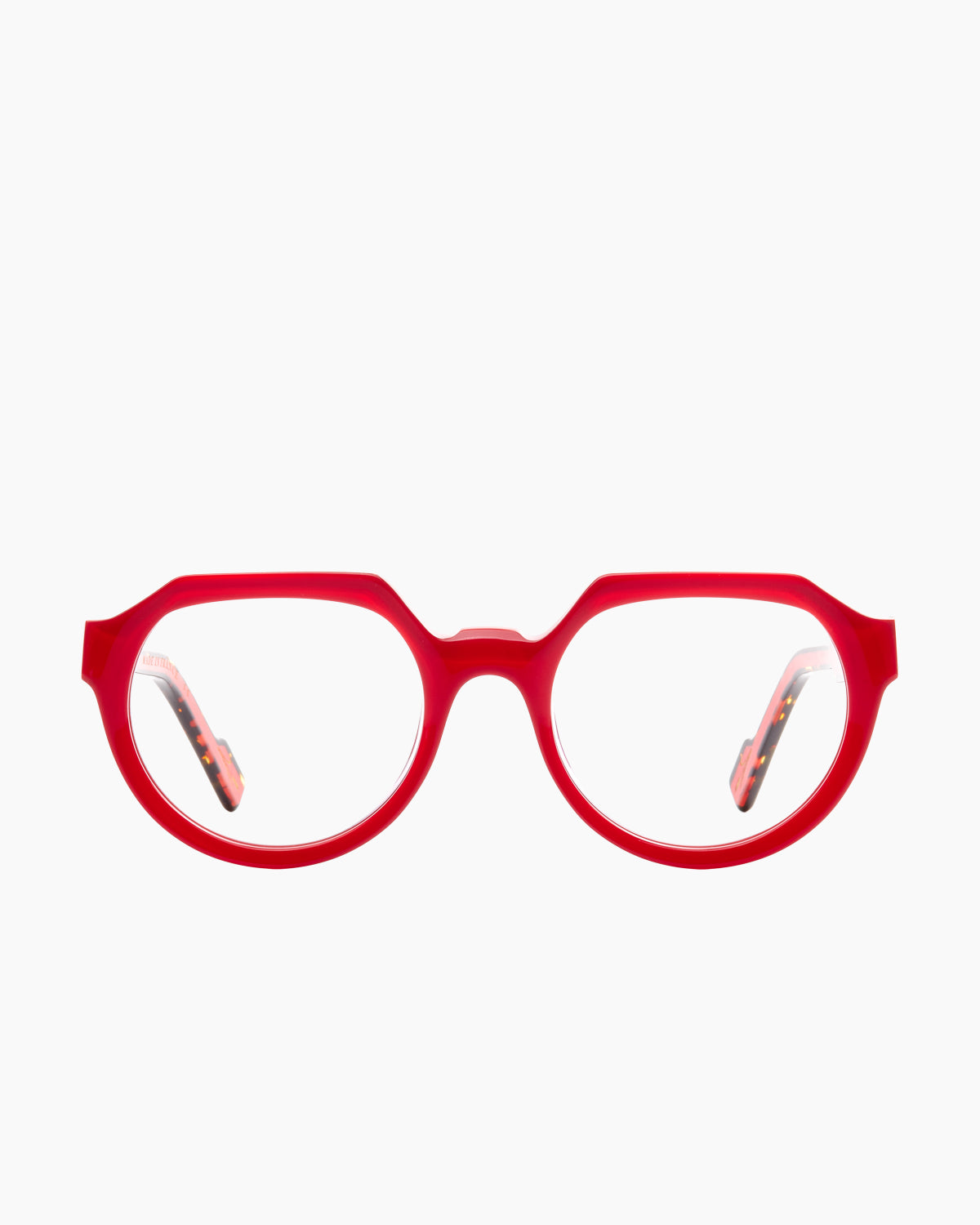 red plastic oval eyeglasses by Xavier Derome model DIVINE, front view, lunettes de vue ovale couleur rouge