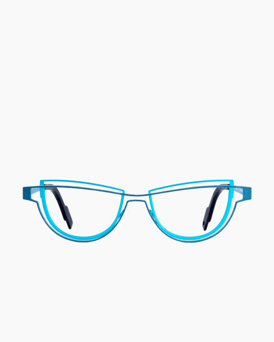 blue metal cat eyeglasses by Theo model CONTOUR, front view, lunettes de vue chat couleur Bleu