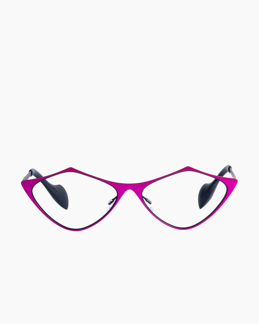 pink metal triangle eyeglasses by Theo model TOTTORI, front view, lunettes de vue couleur Rose