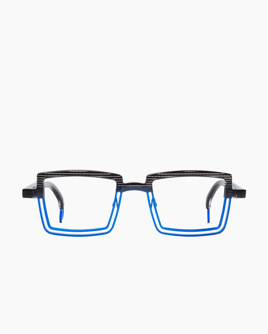 blue metal rectangle eyeglasses by Theo model Spinner, front view, lunettes de vue rectangle couleur bleu