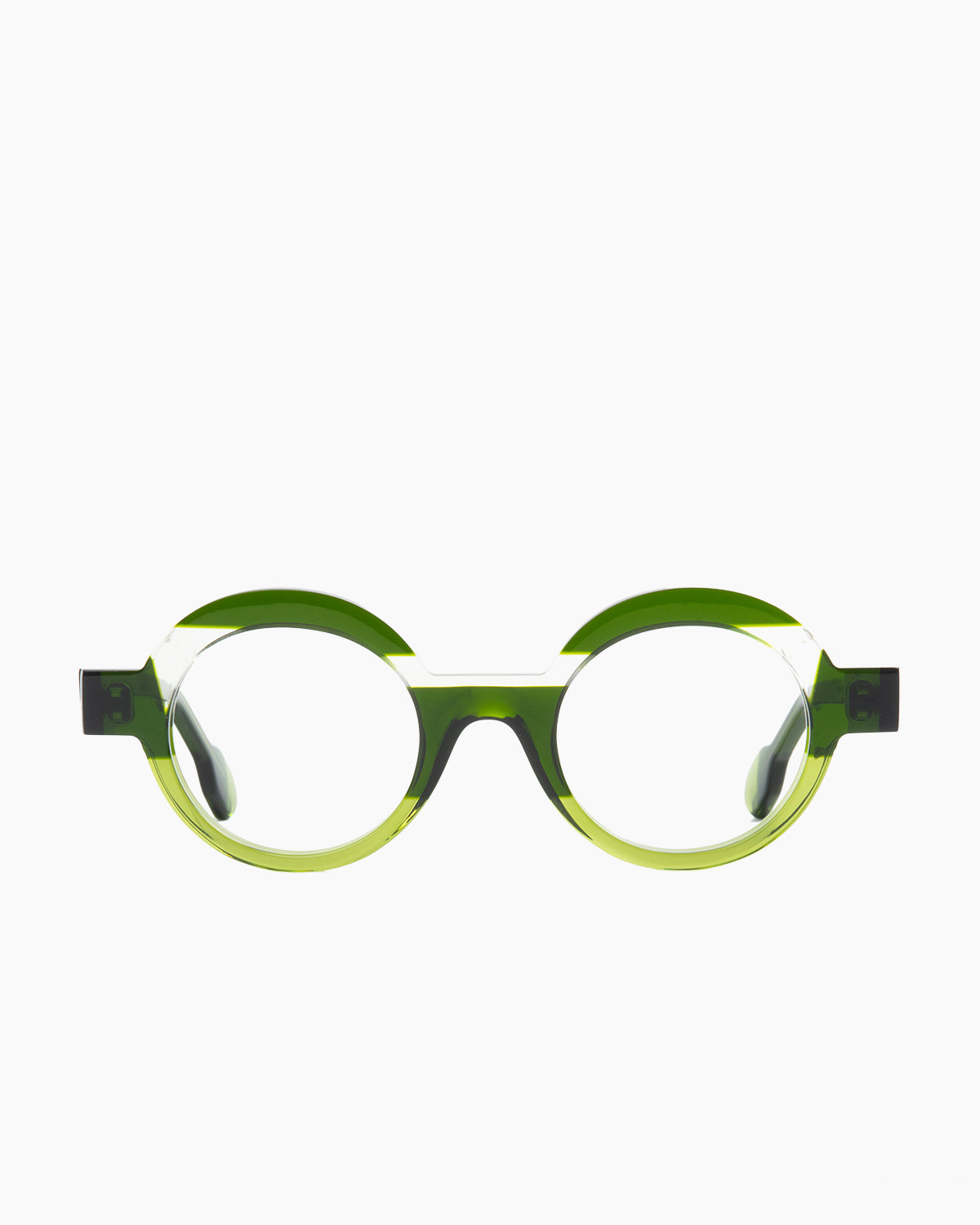 green plastic round eyeglasses by anne et Valentin model hOHO, front view, lunettes de vue rond couleur vert