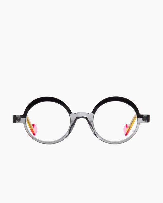 grey plastic round eyeglasses by Anne et Valentin model LUDIK, front view, lunettes de vue rond couleur Gris