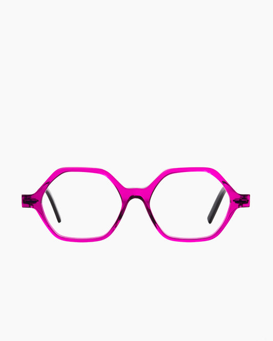 pink plastic hexagon eyeglasses by Theo model Tantu, front view, lunettes de vue hexagone couleur rose