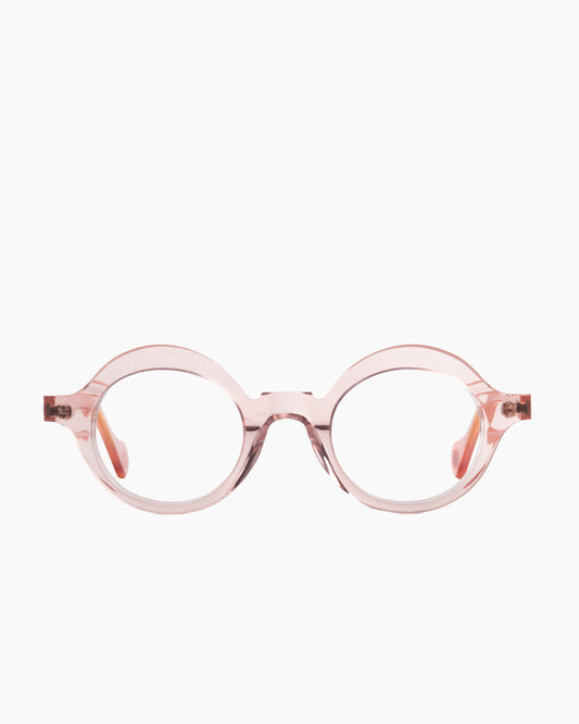 pink plastic round eyeglasses by Anne et Valentin model BILBAO, front view, lunettes de vue rond couleur rose