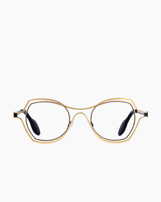 gold metal butterfly eyeglasses by Theo model DAYTONA, front view, lunettes de vue papillon couleur or