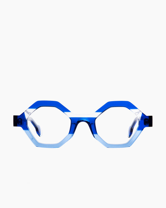 blue plastic hexagon eyeglasses by Anne et Valentin model haha, front view, lunettes de vue hexagone couleur bleu