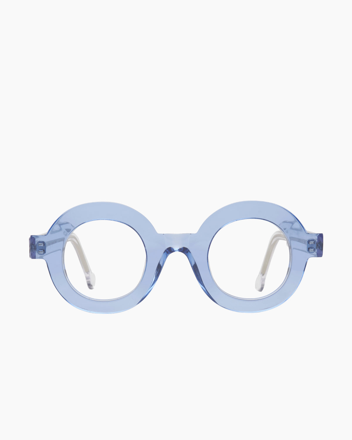 blue plastic round eyeglasses by Marie-Sophie Dion model Lachances, front view, lunettes de vue rond couleur Bleu