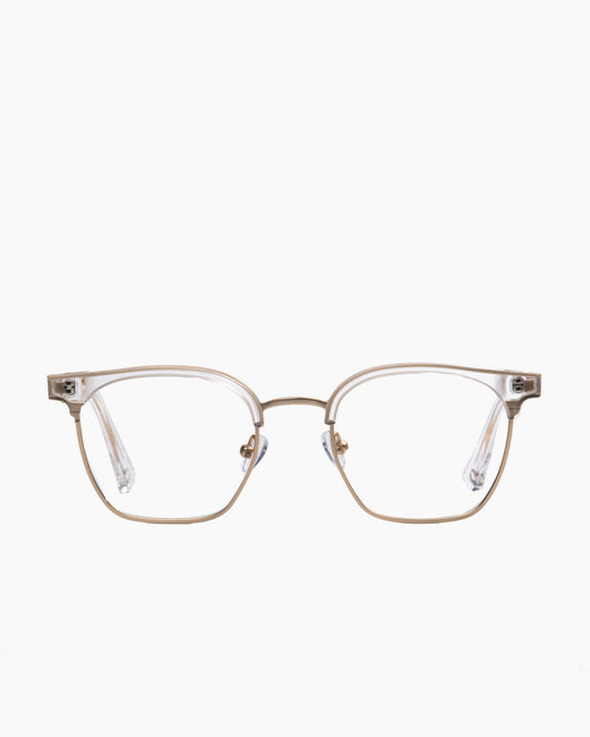 crystal metal rectangle eyeglasses by Evolve model Woodrow, front view, lunettes de vue rectangle couleur cristal