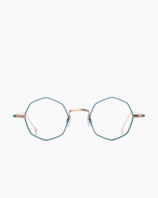 green metal octogon eyeglasses by Anne et Valentin model bLAISE, front view, lunettes de vue octogone couleur vert