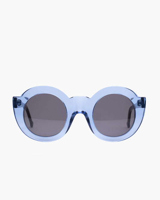 blue plastic round sunglassesby Marie-Sophie Dion model CollSun, front view, lunettes de vue rond couleur Bleu