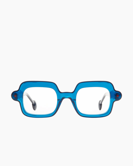 blue plastic rectangle eyeglasses by Anne et Valentin model Bim, front view, lunettes de vue rectangle couleur bleu