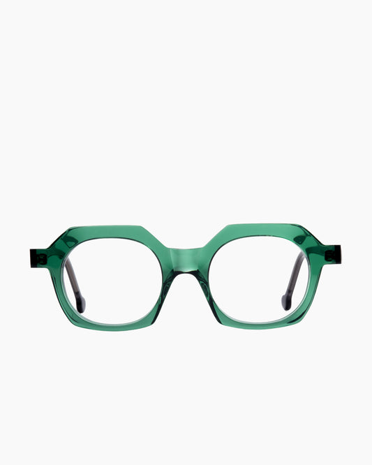 green plastic round eyeglasses by Marie-Sophie Dion model Beaudoin, front view, lunettes de vue rond couleur vert