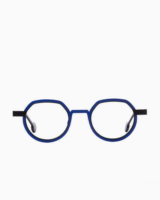 blue metal round eyeglasses by Anne et Valentin model wellwell, front view, lunettes de vue rond couleur bleu