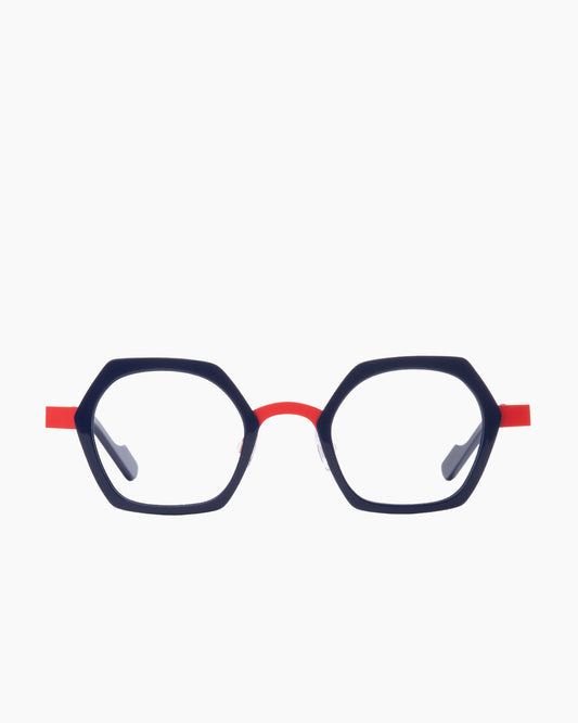 blue metal hexagon eyeglasses by Anne et Valentin model foryou, front view, lunettes de vue hexagone couleur bleu