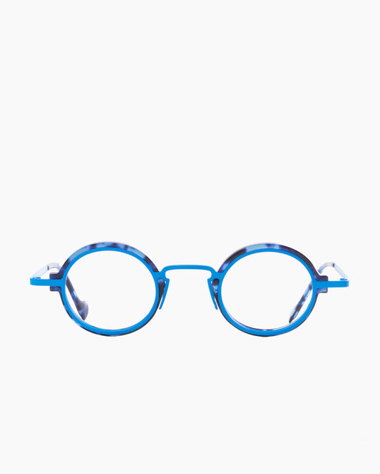 blue metal oval eyeglasses by Anne et Valentin model M1, front view, lunettes de vue ovale couleur bleu