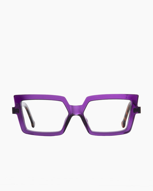 purple plastic cat eyeglasses by Marie-Sophie Dion model Daniel, front view, lunettes de vue chat couleur violet