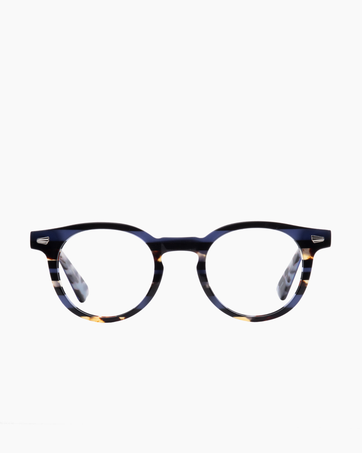 blue plastic round eyeglasses by Evolve model drew, front view, lunettes de vue rond couleur bleu