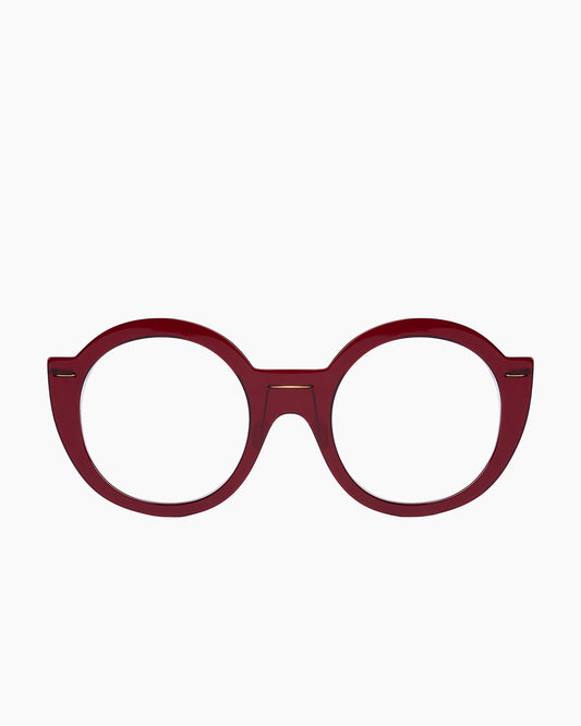 burgundy plastic round eyeglasses by Monogram Marie-Sophie Dion model Coll, front view, lunettes de vue rond couleur bourgogne