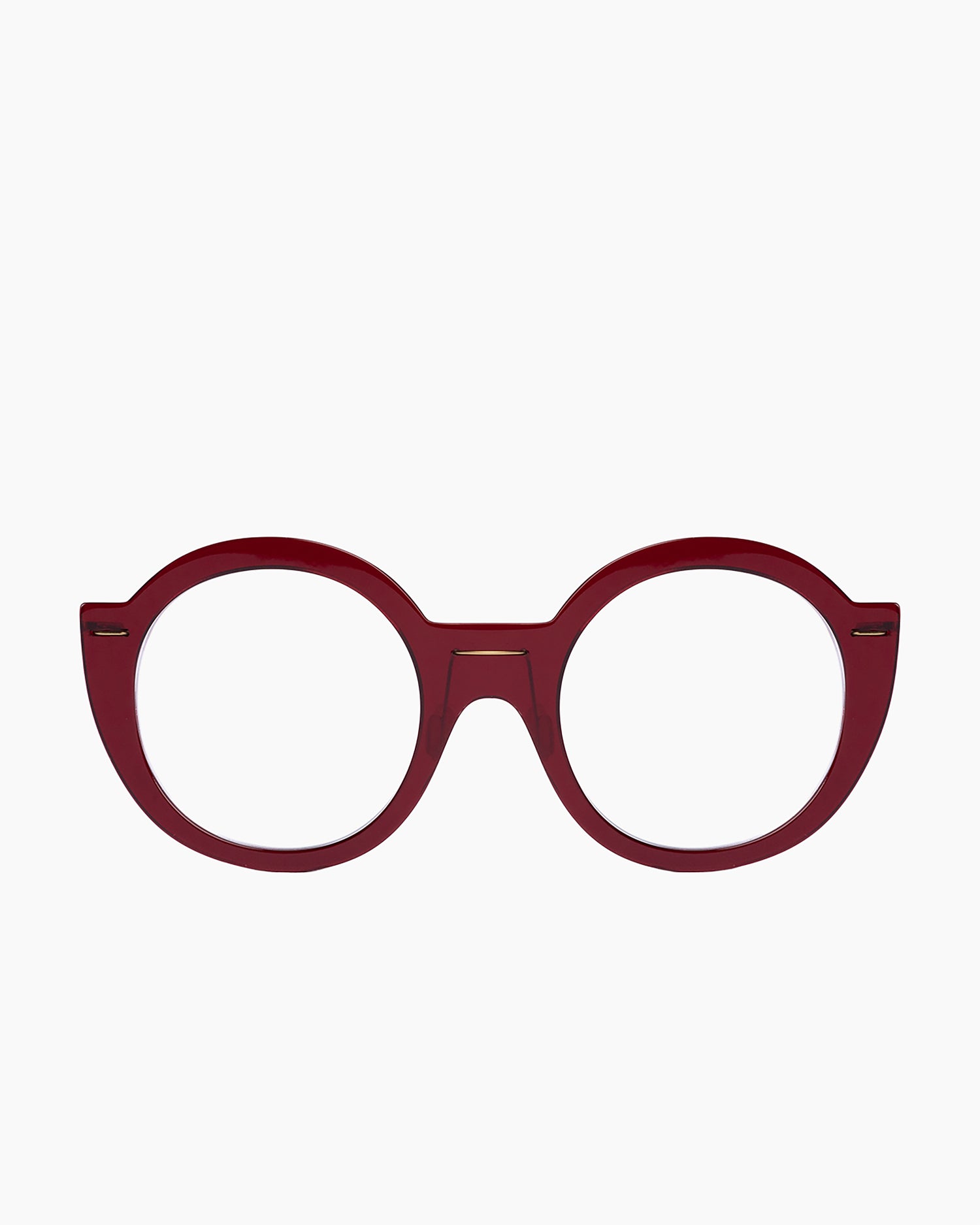 burgundy plastic round eyeglasses by Monogram Marie-Sophie Dion model Coll, front view, lunettes de vue rond couleur bourgogne