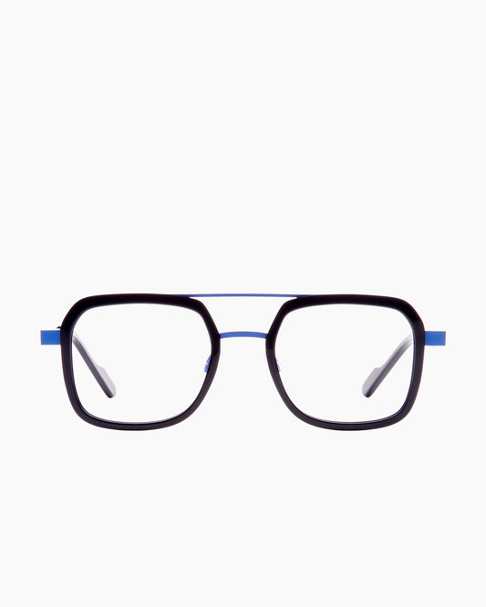 blue metal rectangle eyeglasses by Anne et Valentin model Fondamentale, front view, lunettes de vue rectangle couleur bleu