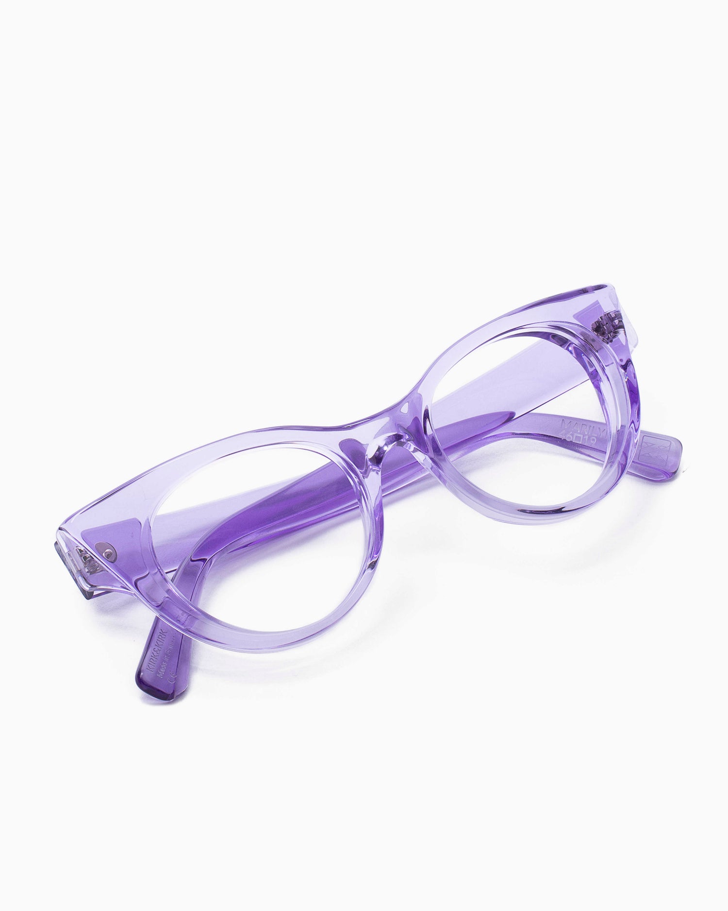 purple plastic cat eyeglasses by Kirk&Kirk model Marilyn, front view, lunettes de vue chat couleur violet