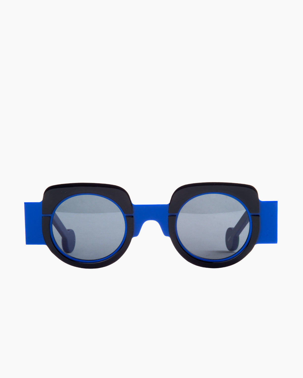 blue plastic round  sunglassesby Anne et Valentin model Lala1, front view, lunettes de vue rond couleur bleu