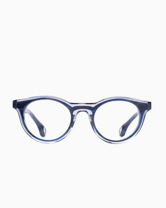 blue plastic oval eyeglasses by Blake Kuwahara model corbu, front view, lunettes de vue ovale couleur Bleu