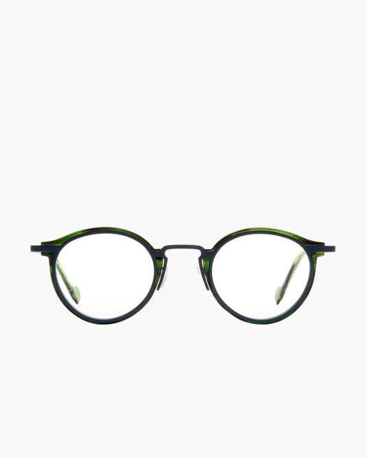 green metal round eyeglasses by Anne et Valentin model m5, front view, lunettes de vue rond couleur vert