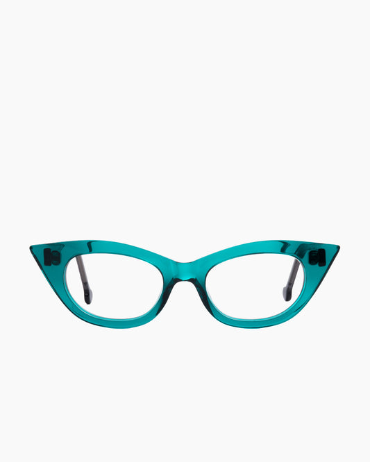 green plastic cat eyeglasses by Marie-Sophie Dion model Chatelier, front view, lunettes de vue chat couleur vert
