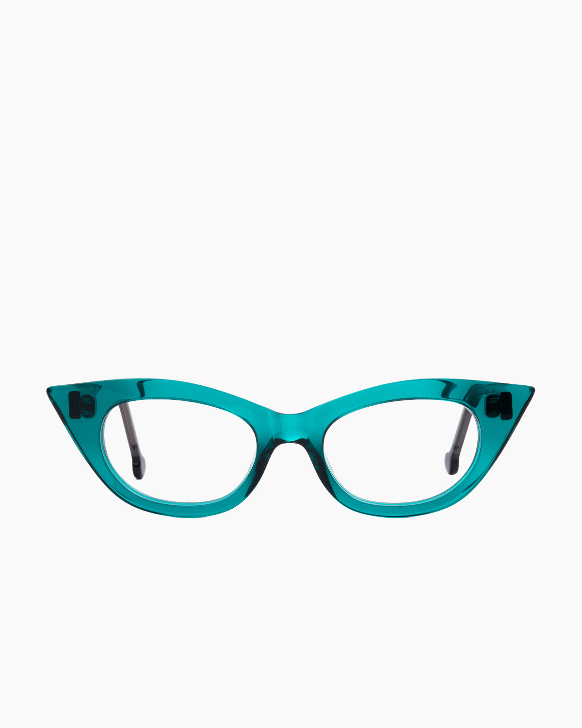 green plastic cat eyeglasses by Marie-Sophie Dion model Chatelier, front view, lunettes de vue chat couleur vert