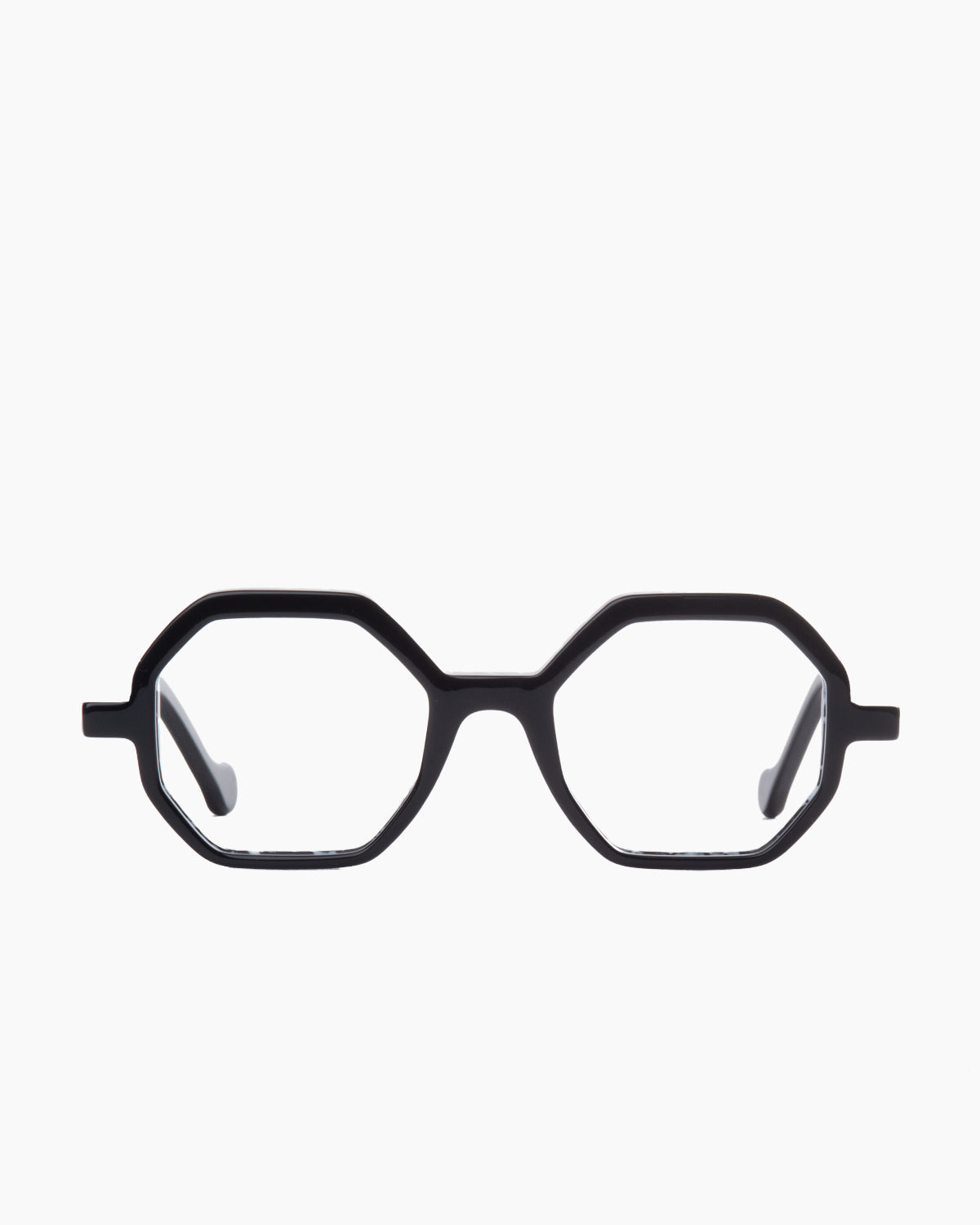 black plastic octogon eyeglasses by Anne et Valentin model Abira, front view, lunettes de vue noir octogone