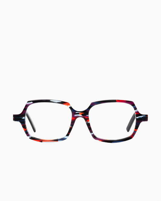 red plastic rectangle eyeglasses by Theo model Noob, front view, lunettes de vue rectangle couleur rouge