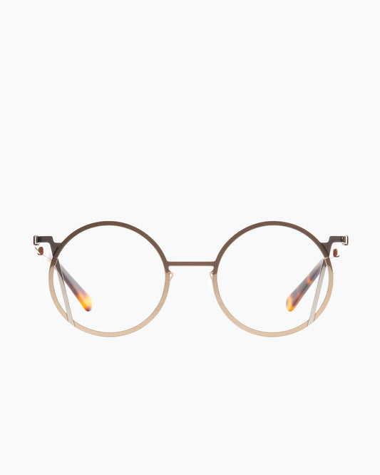 gold metal round eyeglasses by Gamine model LaRoma, front view, lunettes de vue rond couleur or