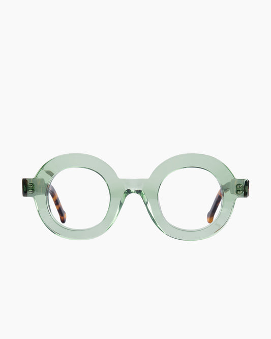 green plastic round eyeglasses by Marie-Sophie Dion model Lachances, front view, lunettes de vue rond couleur Vert