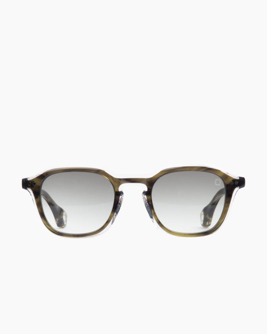 green plastic rectangle  sunglassesby Blake Kuwahara model Fletcher, front view, lunettes de vue rectangle couleur Vert