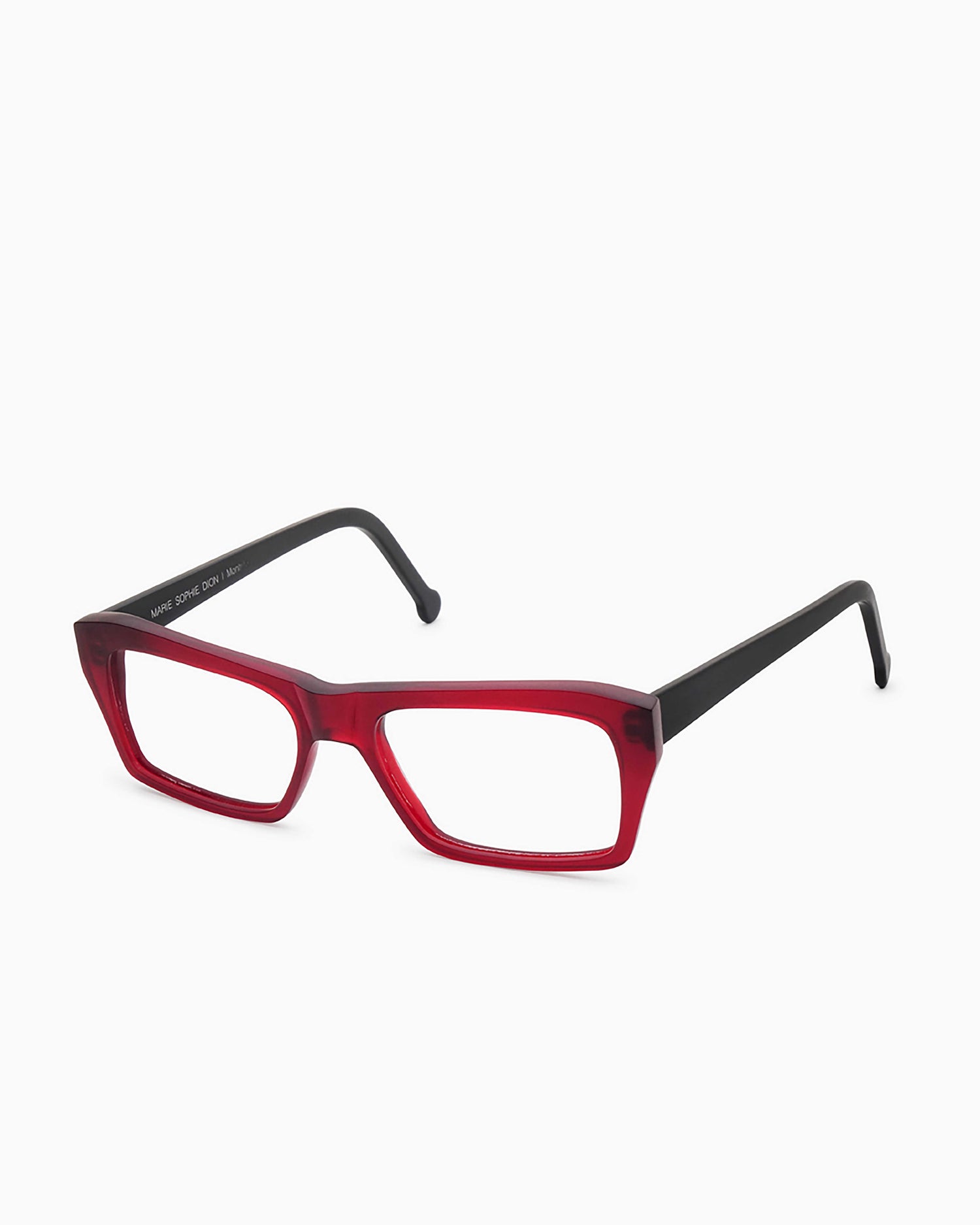 red plastic rectangle eyeglasses by Marie-Sophie Dion model Zakaib, front view, lunettes de vue rectangle couleur bourgogne