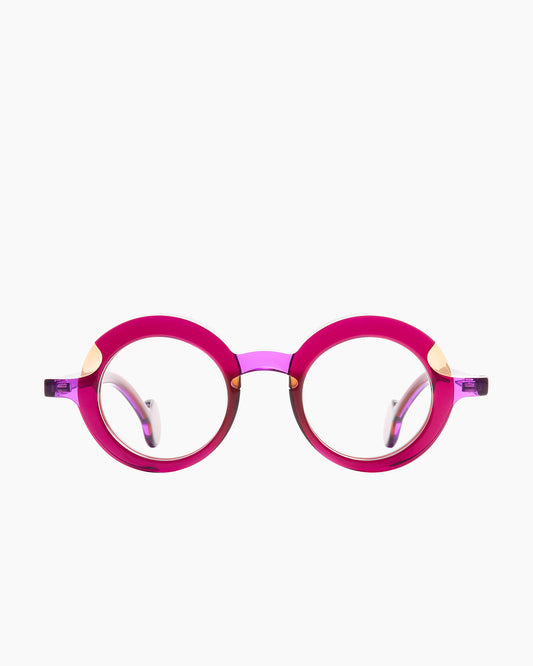 purple plastic round eyeglasses by Theo model Sara, front view, lunettes de vue rond couleur violet