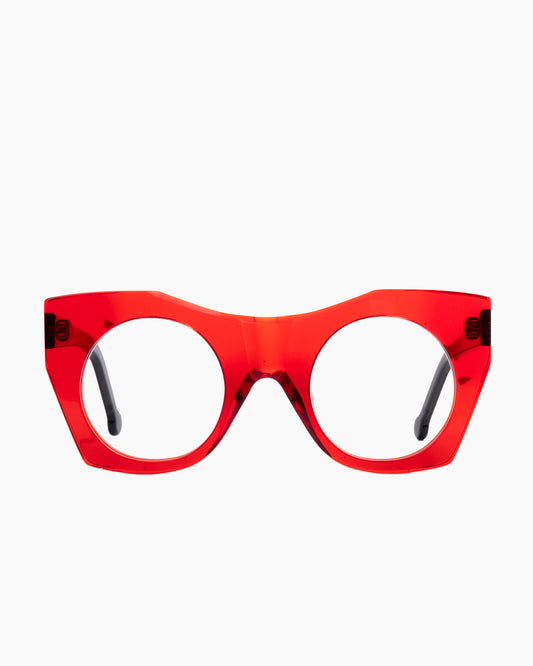 red plastic round eyeglasses by Marie-Sophie Dion model McKee, front view, lunettes de vue rond couleur rouge